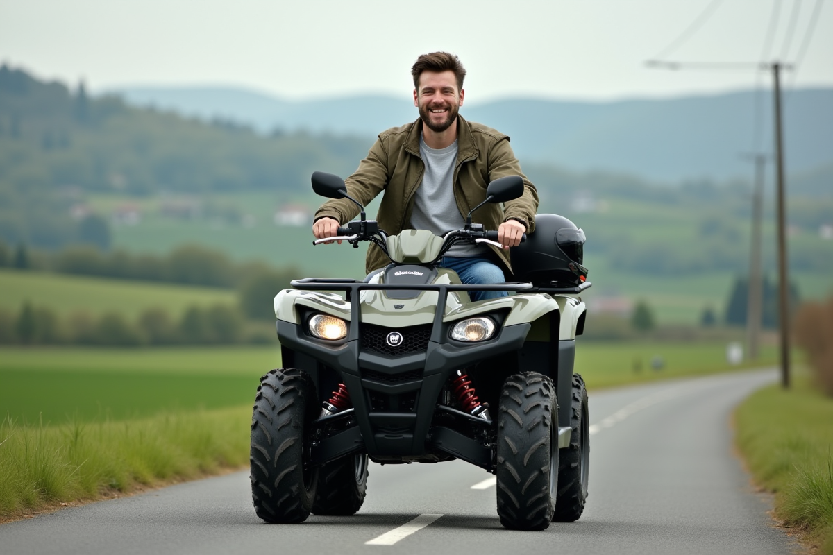 Homme souriant sur un quad 125cc en campagne