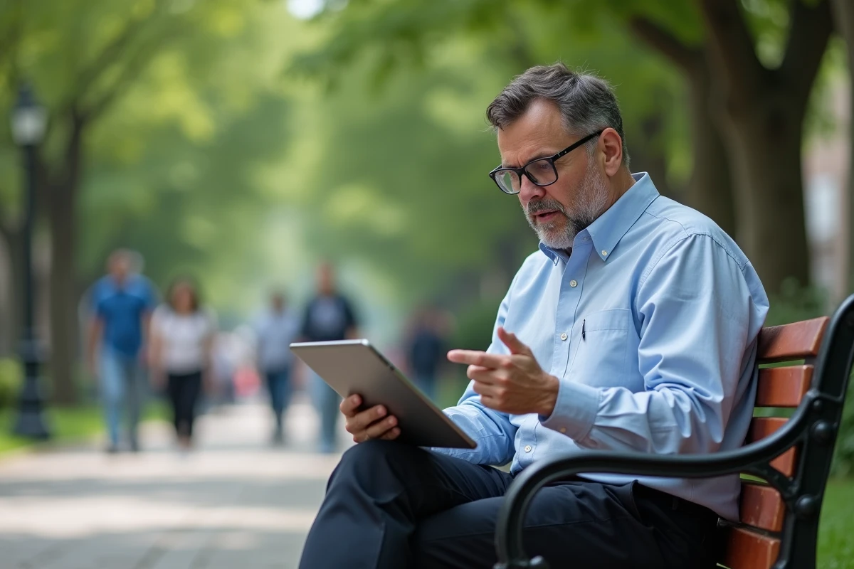 Homme en ville consulte une notice sur sa tablette