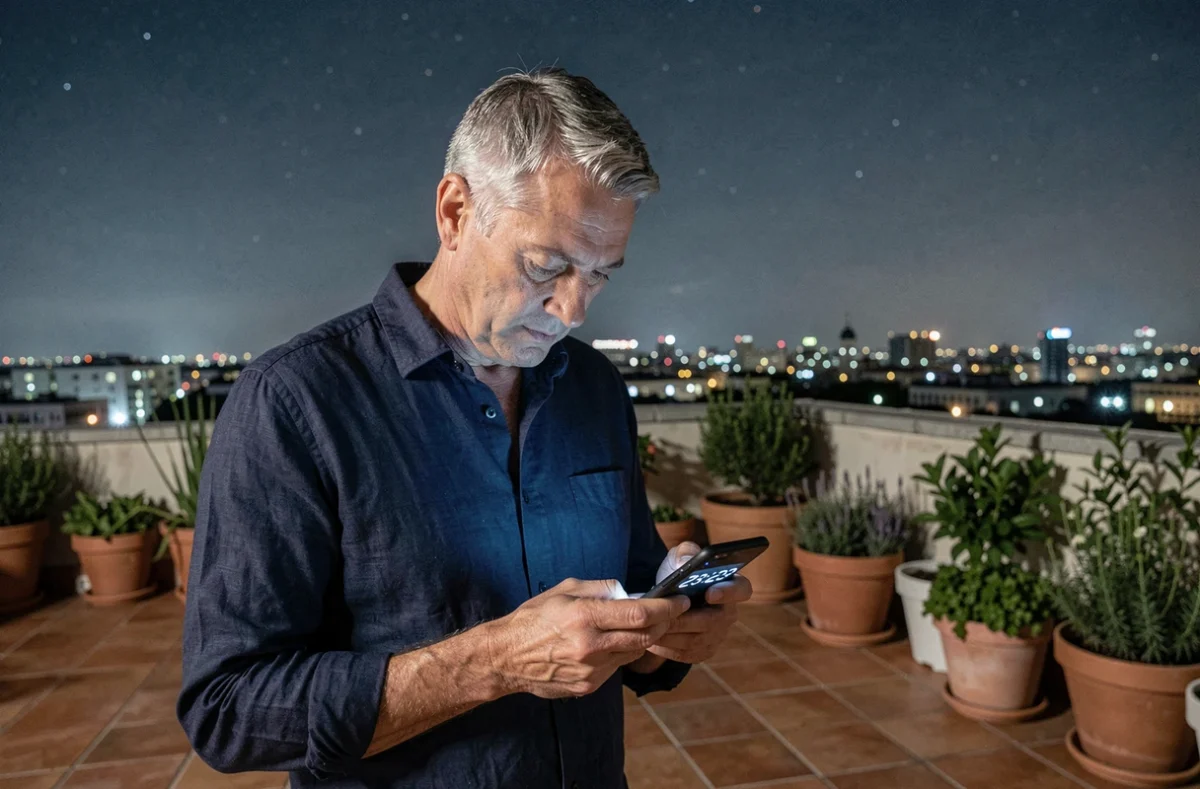 Homme sur une terrasse urbaine regardant 23h23 sur son téléphone, moment de prise de conscience spirituelle sous un ciel étoilé