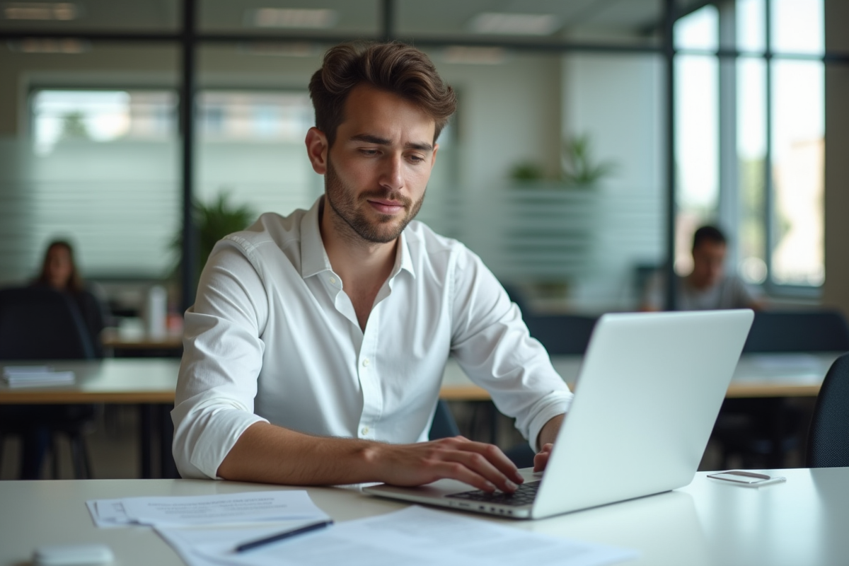 Jeune homme concentré travaillant à son bureau partagé