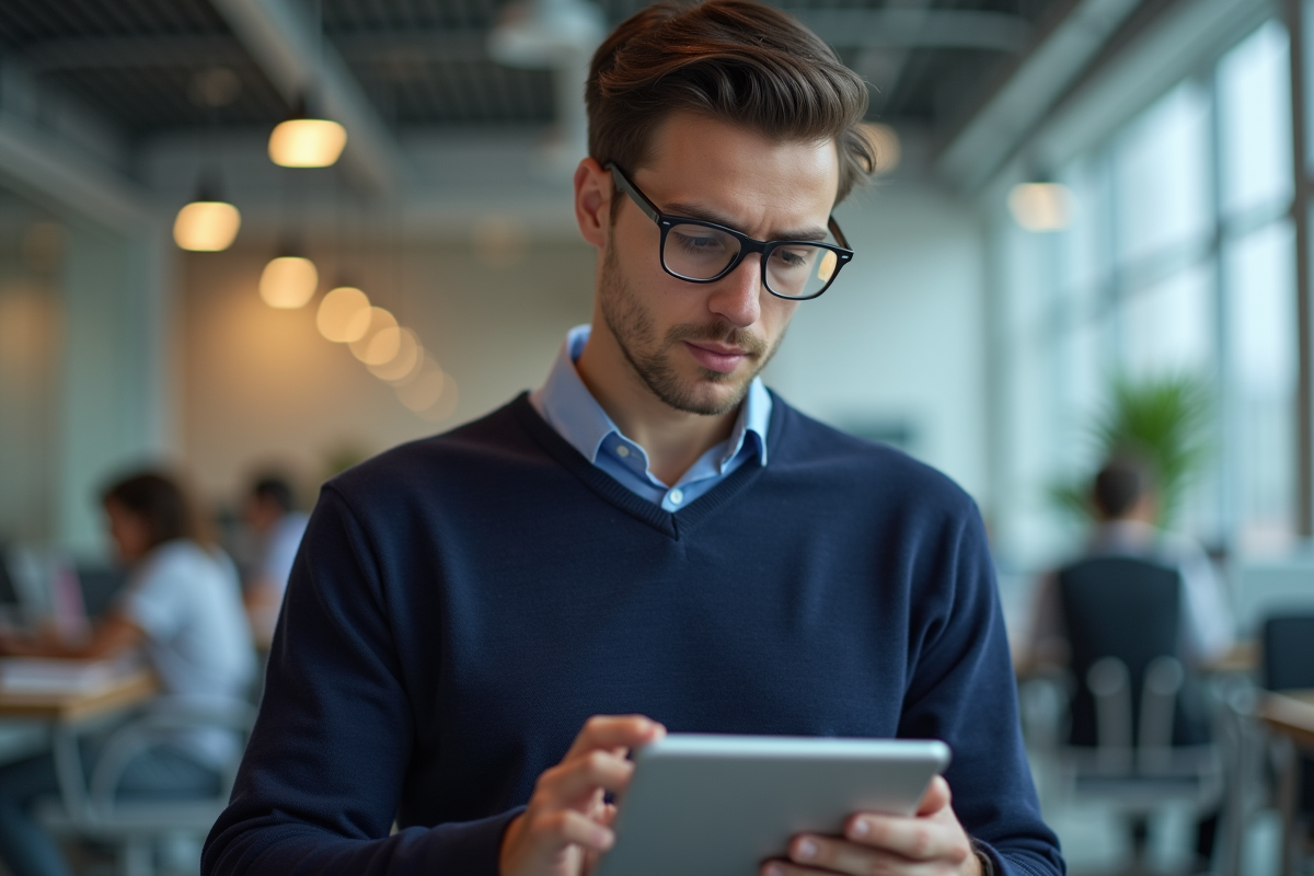 Jeune homme professionnel utilise une tablette dans un espace de coworking