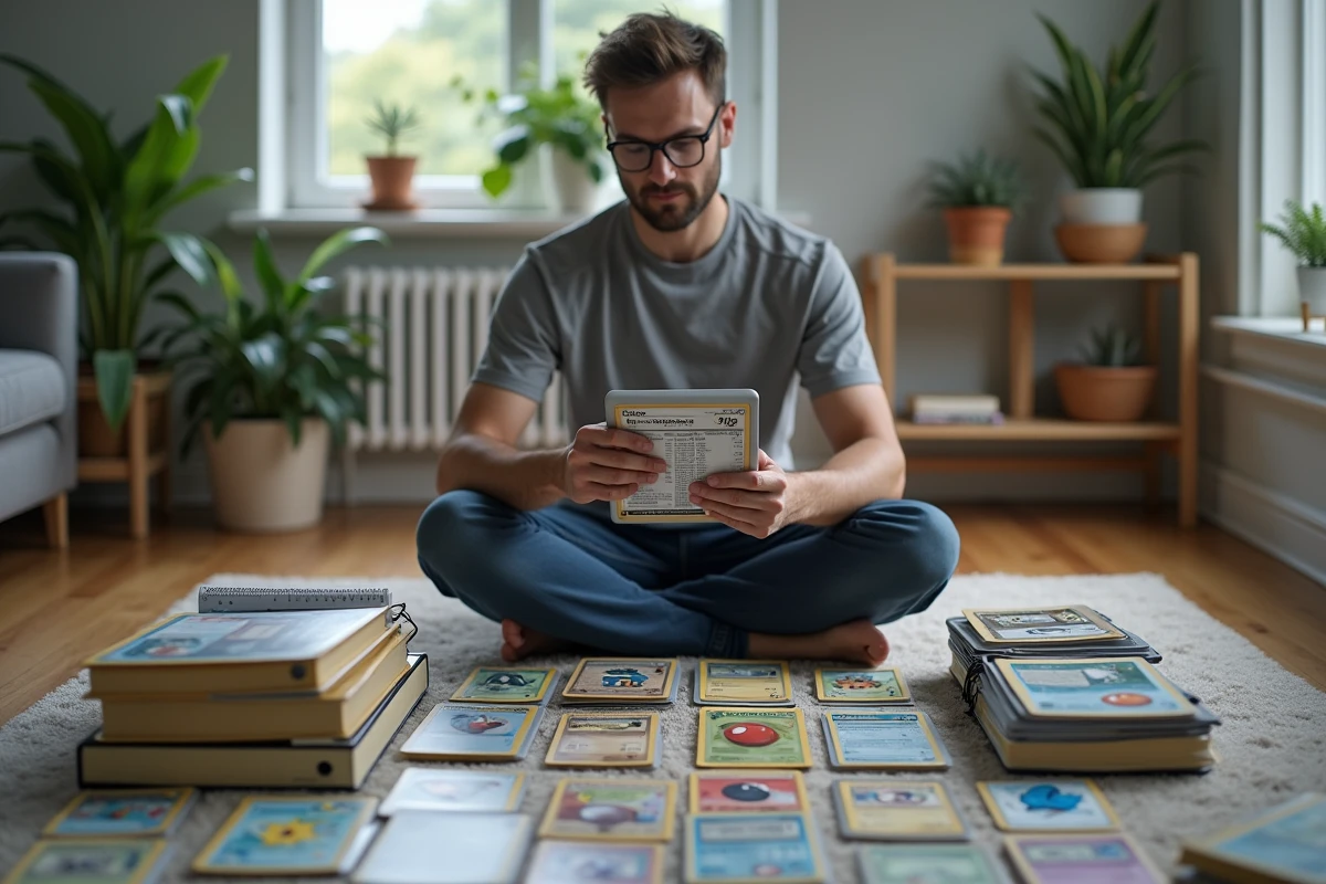 Homme adulte triant des cartes Pokémon dans des classeurs sur le sol avec une tablette affichant un outil de recherche de prix pour vide-grenier