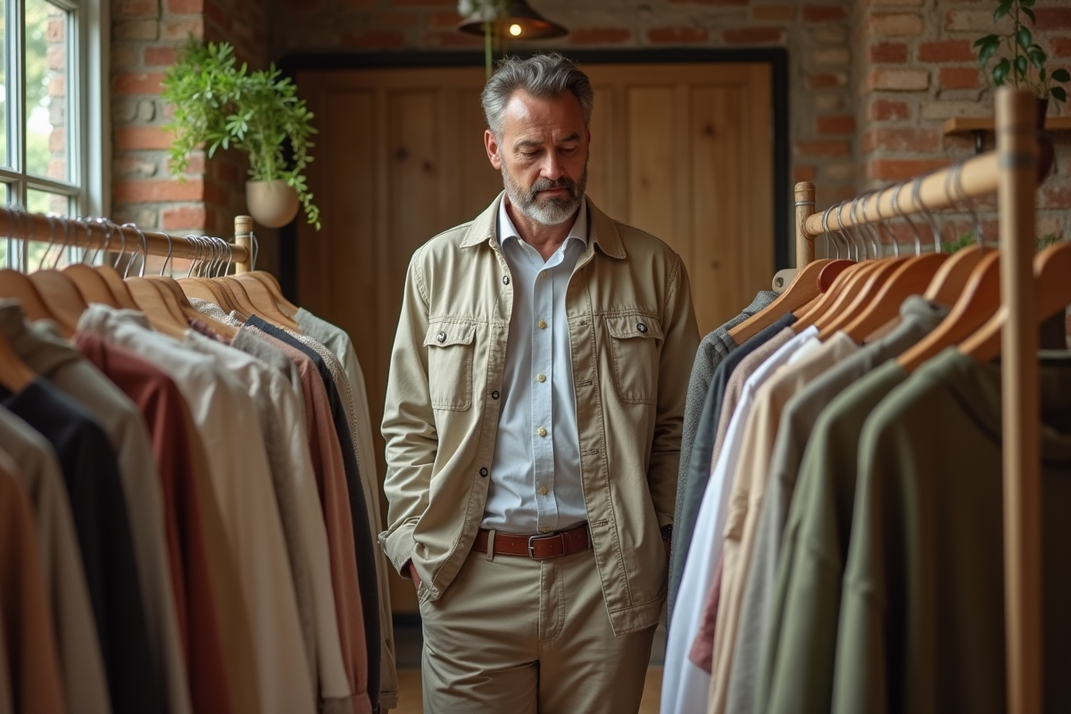 Homme regardant des vêtements durables en boutique