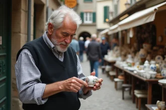Homme âgé inspectant une figurine en porcelaine dans une brocante en Lorraine