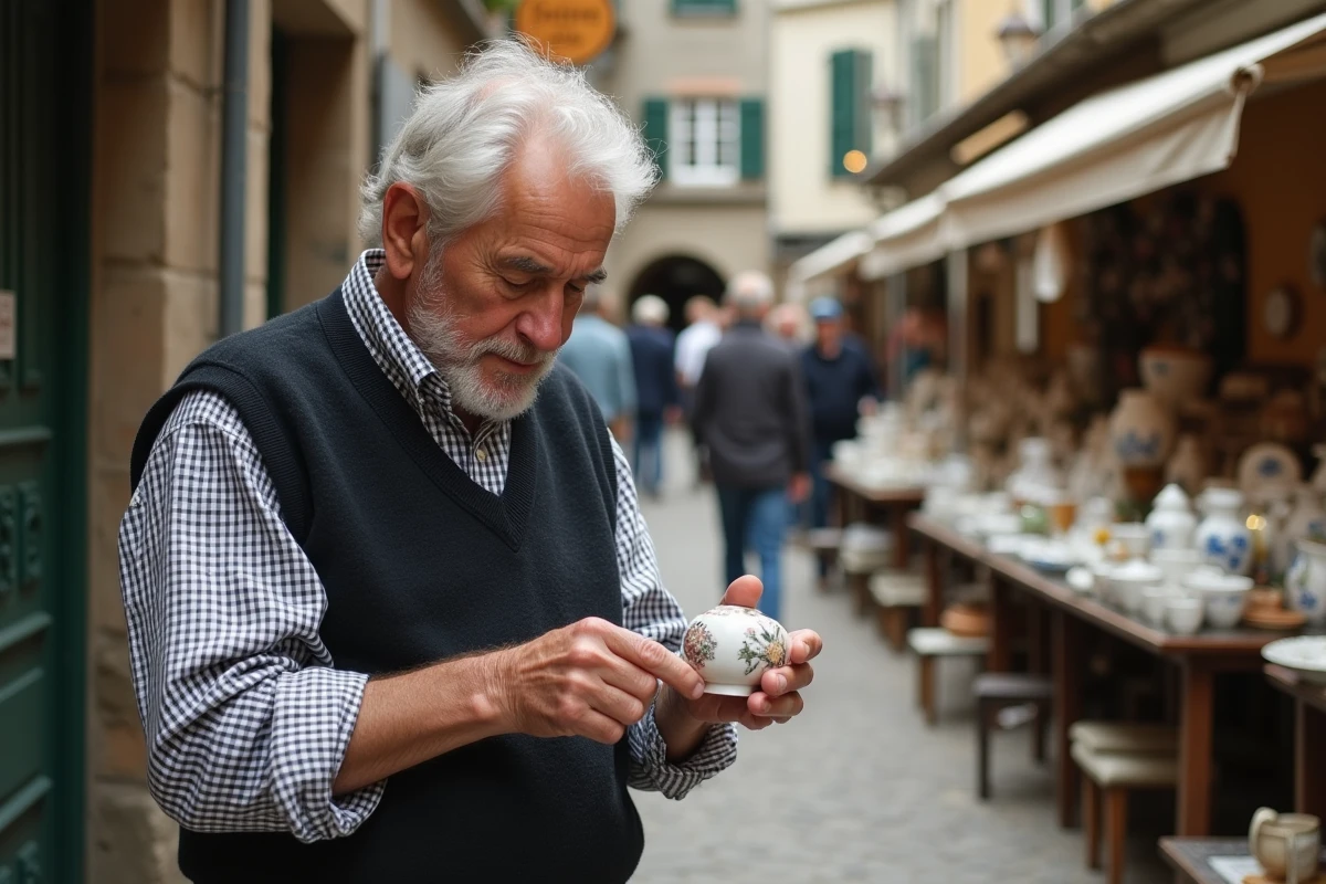 Homme âgé inspectant une figurine en porcelaine dans une brocante en Lorraine