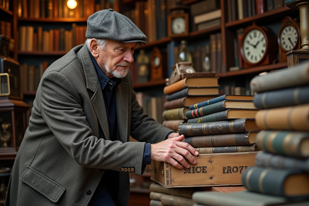 Homme âgé inspectant des livres anciens dans une boutique