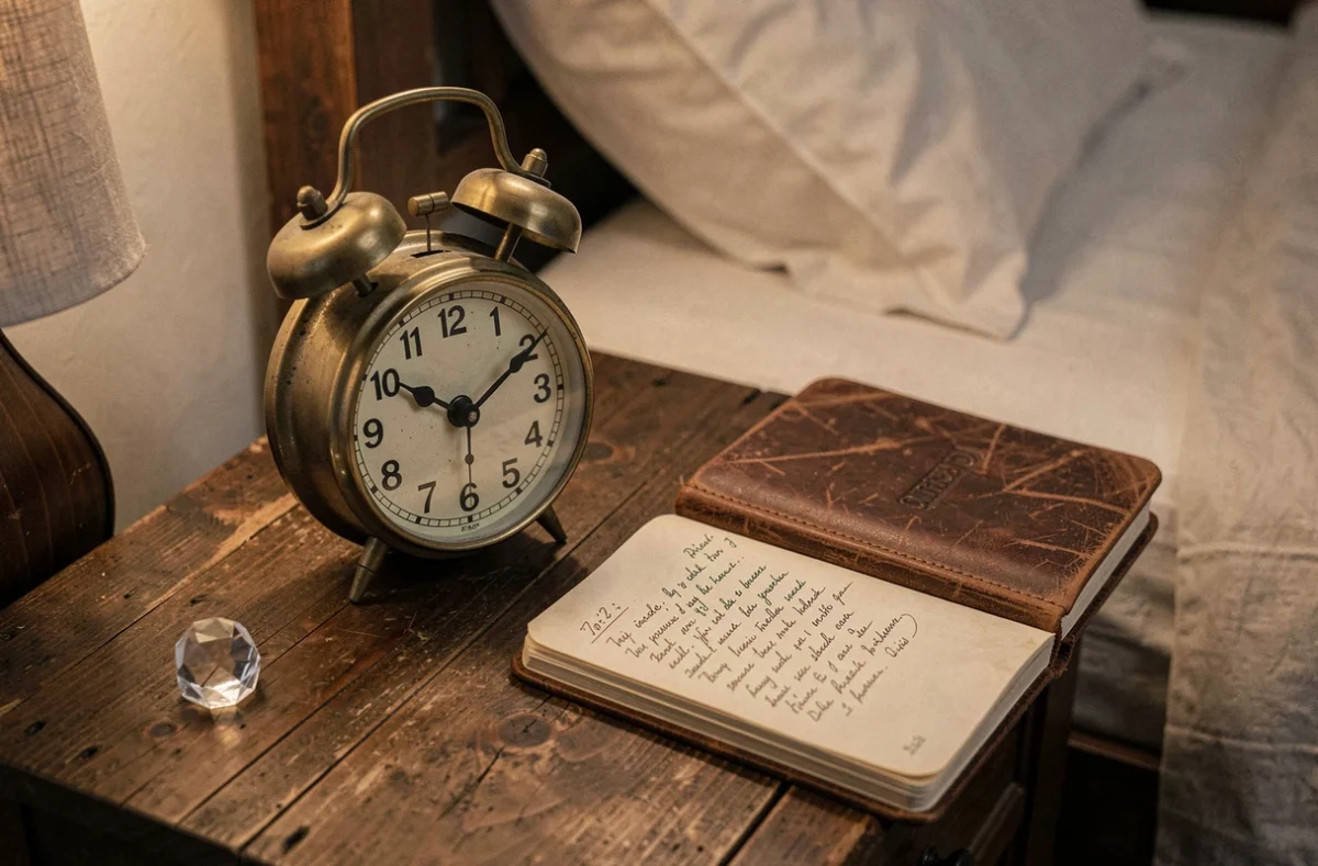 Horloge vintage indiquant 23h23 sur une table de nuit avec un journal et un cristal, symbolisant la spiritualité et la numérologie des heures miroirs