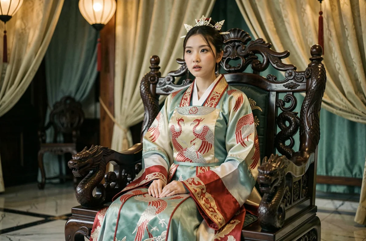 Impératrice en hanfu traditionnel rouge et argent assise sur un trône sculpté, expression royale mêlant autorité et surprise subtile