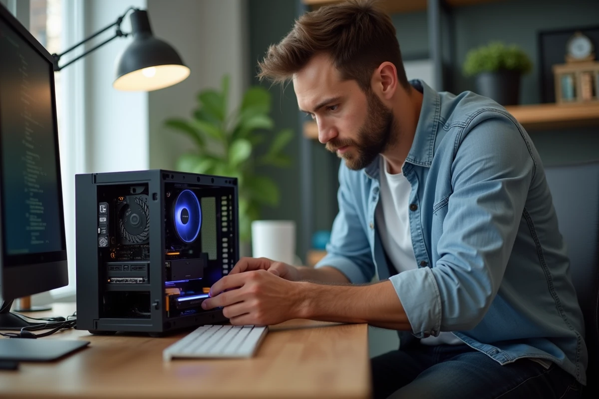 Jeune homme installant un SSD dans un PC au bureau