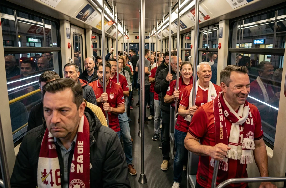 Intérieur d'un tram de Bordeaux bondé de supporters après un match de football