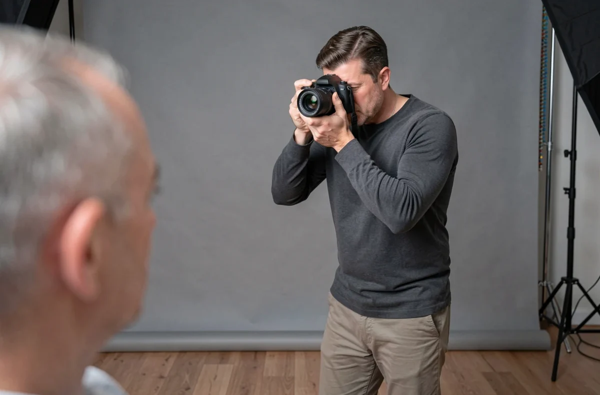 Jean-Baptiste Malbranque, photographe portraitiste dans le Nord, composant un portrait en studio