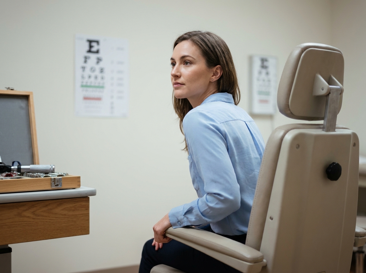 Jeune femme lors d'un examen de la vue chez l'ophtalmologiste, évoquant la surveillance de la myopie évolutive après 20 ans