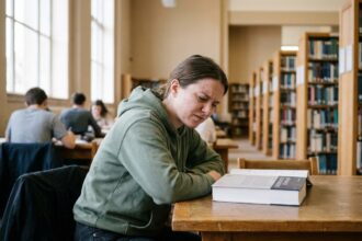 Jeune femme de 20 ans qui plisse les yeux en lisant un livre à la bibliothèque, illustrant la progression de la myopie chez les jeunes adultes