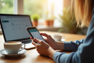 Jeune adulte utilisant son smartphone dans la cuisine le matin