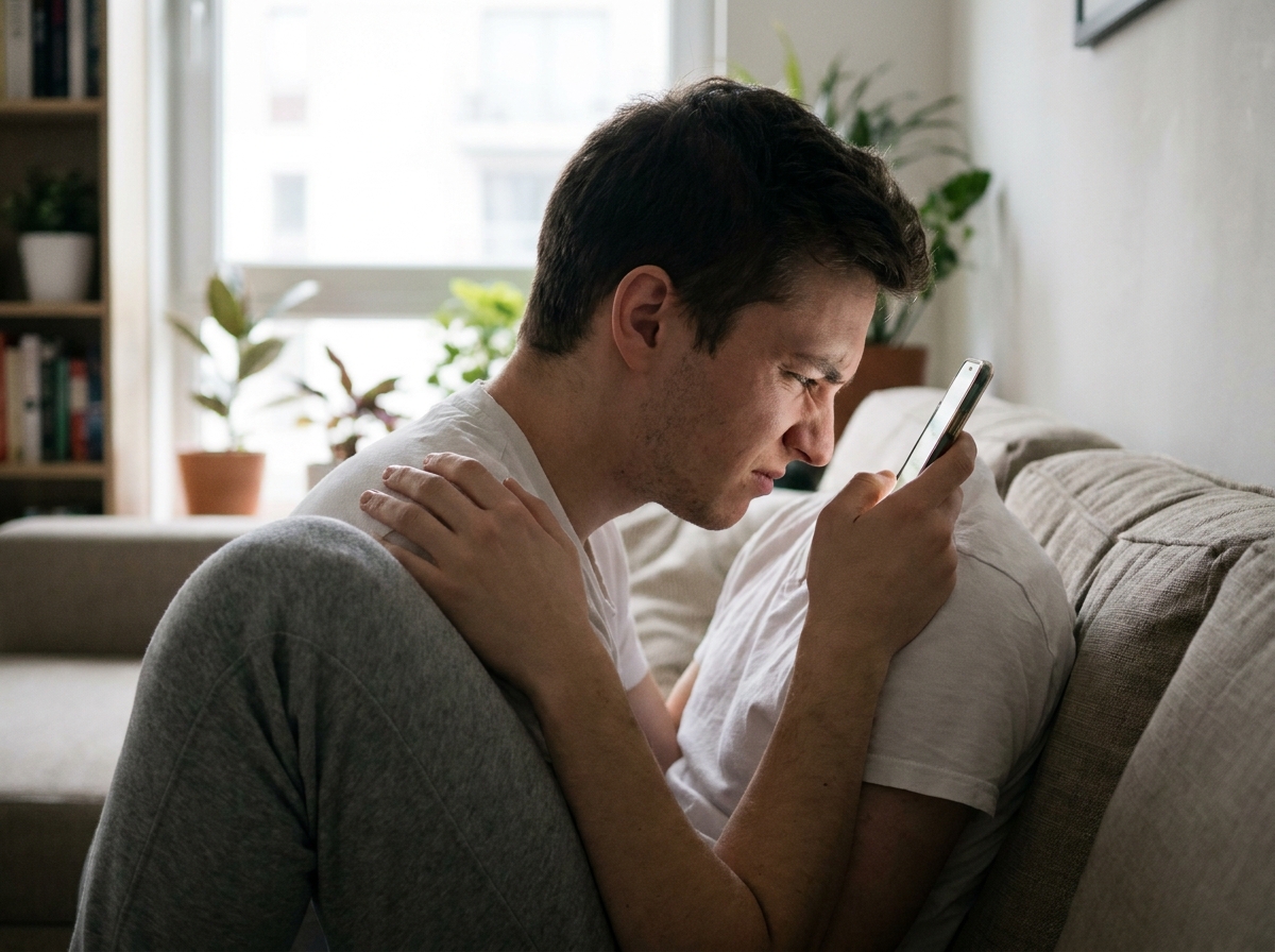 Jeune homme regardant son smartphone de très près dans son appartement, symbolisant l'impact des écrans sur la myopie des jeunes adultes