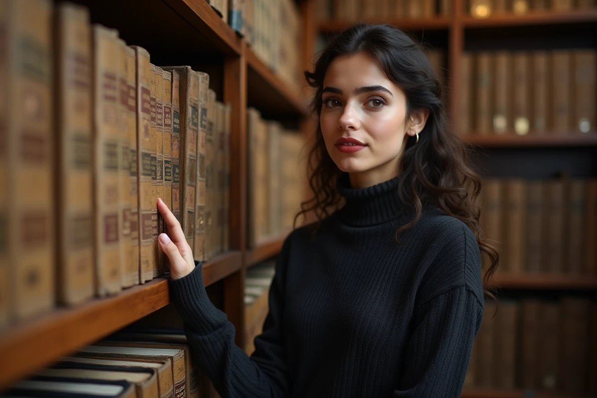 Jeune femme d'origine maghrébine dans une bibliothèque d'archives consultant des ouvrages de référence pour une recherche biographique