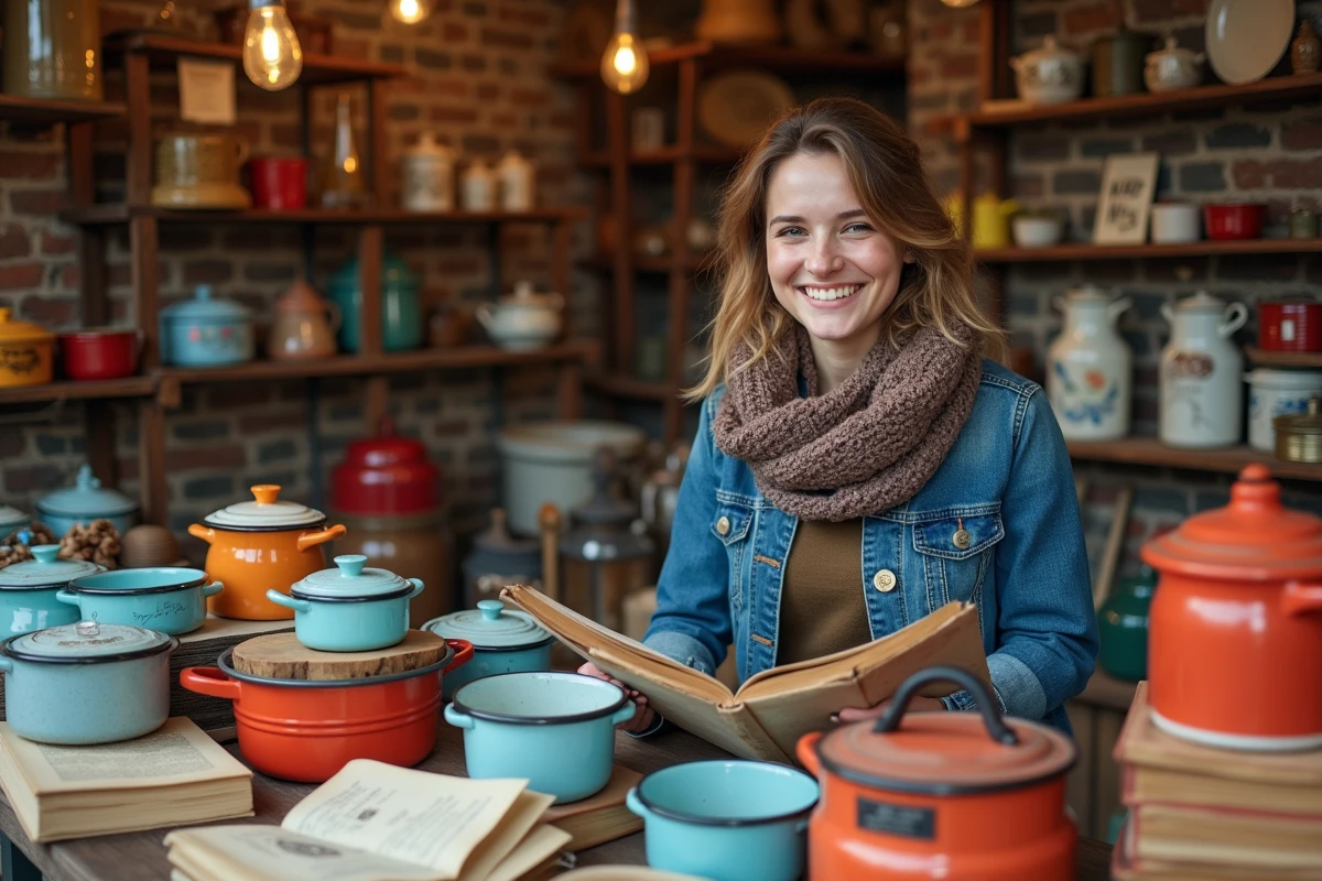 Jeune femme souriante examinant des objets vintage dans une brocante à Nancy
