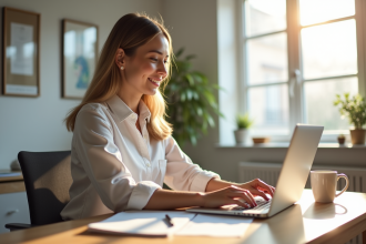 Jeune femme professionnelle travaillant sur un ordinateur dans un bureau lumineux