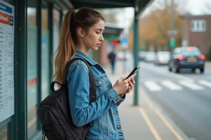 Jeune femme en jean vérifiant son téléphone à un arrêt de bus