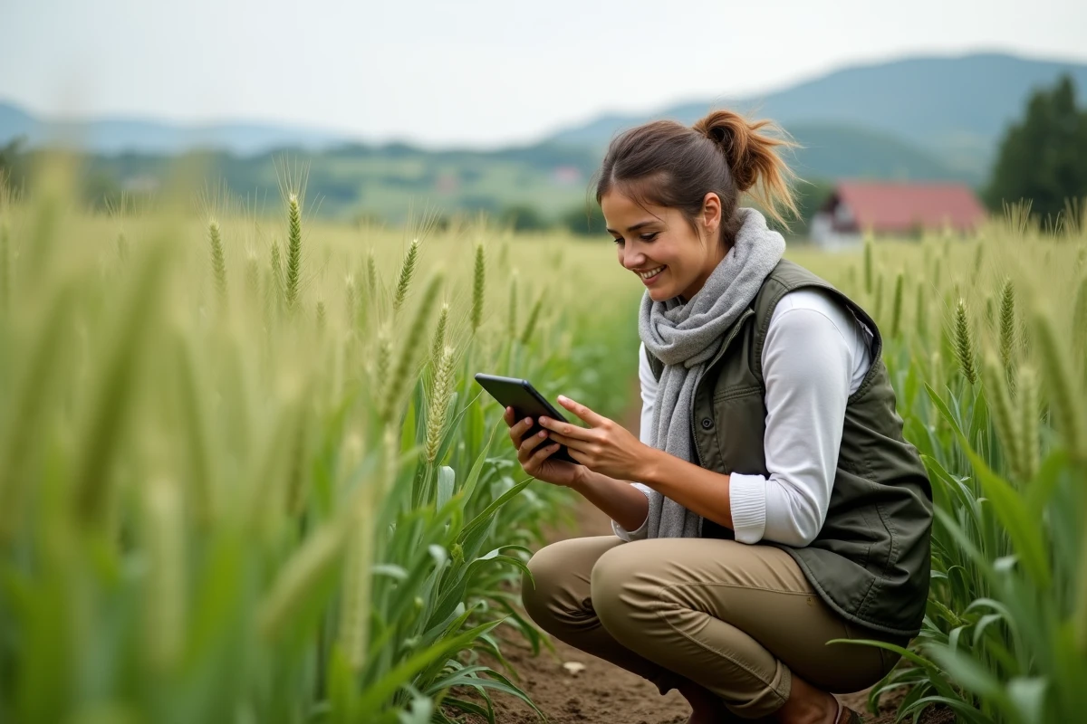 Jeune femme inspectant des cultures avec tablette