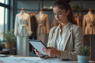 Jeune femme en design mode avec tablette dans un bureau moderne