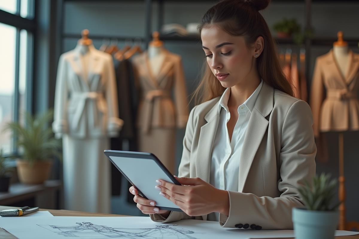 Jeune femme en design mode avec tablette dans un bureau moderne