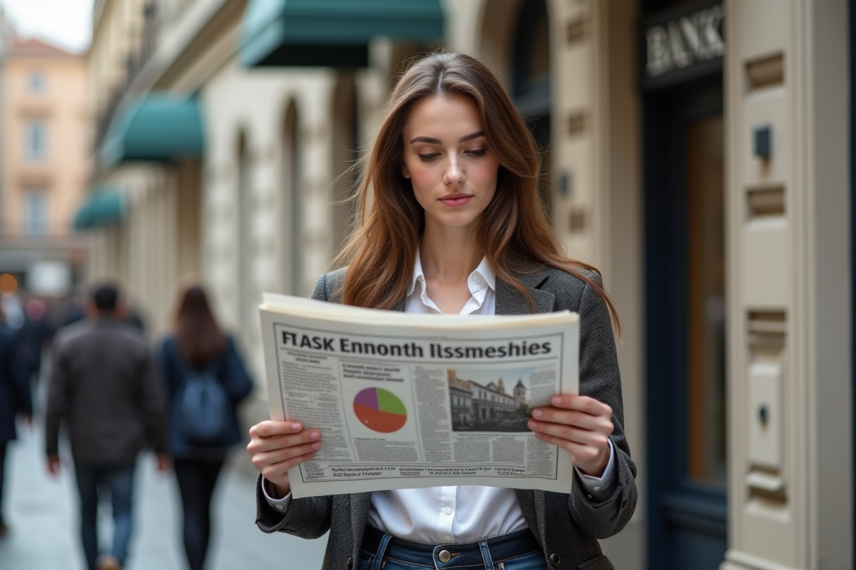 Jeune femme lisant un journal économique devant une banque