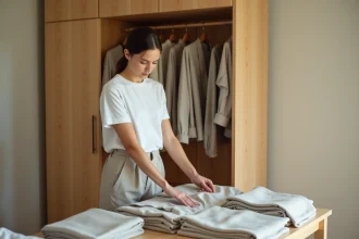 Jeune femme plie des vêtements en coton dans une chambre lumineuse