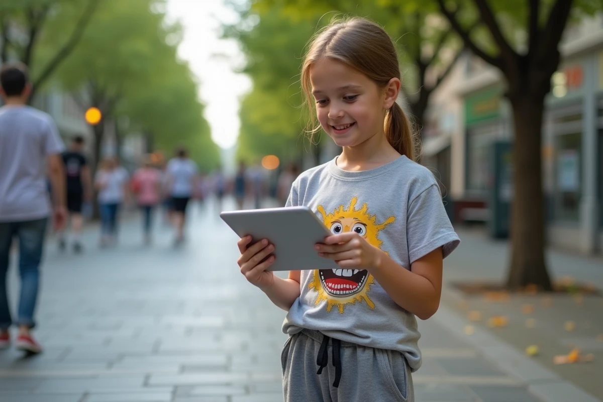 Jeune fille souriante jouant à un jeu sur tablette dans la rue