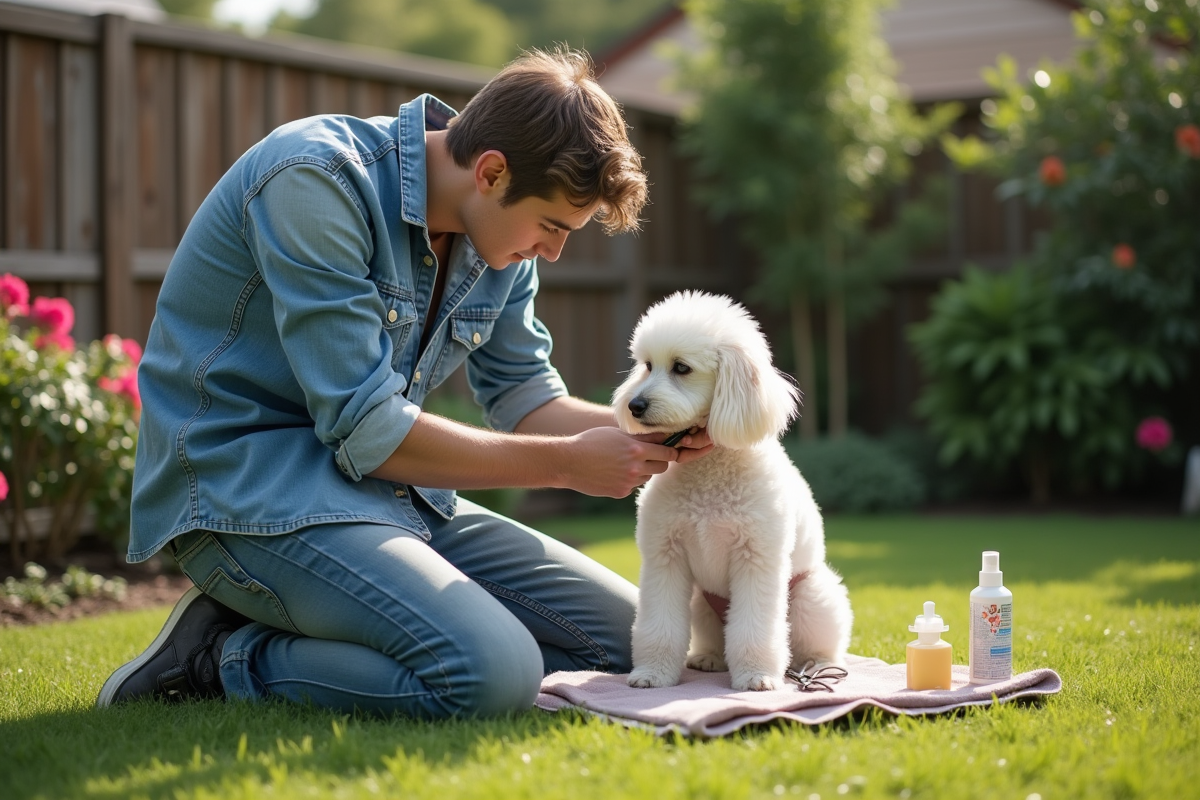 Jeune homme brossant un caniche blanc dans le jardin