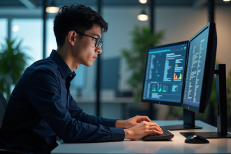 Jeune homme en bureau avec écrans de cybersécurité