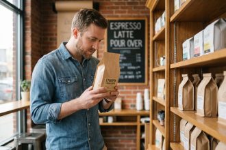 Jeune homme examine sacs de cafe en cafe moderne