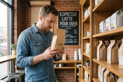 Jeune homme examine sacs de cafe en cafe moderne