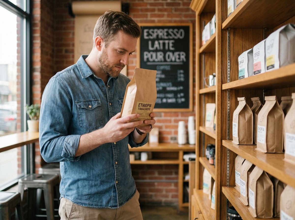 Jeune homme examine sacs de cafe en cafe moderne