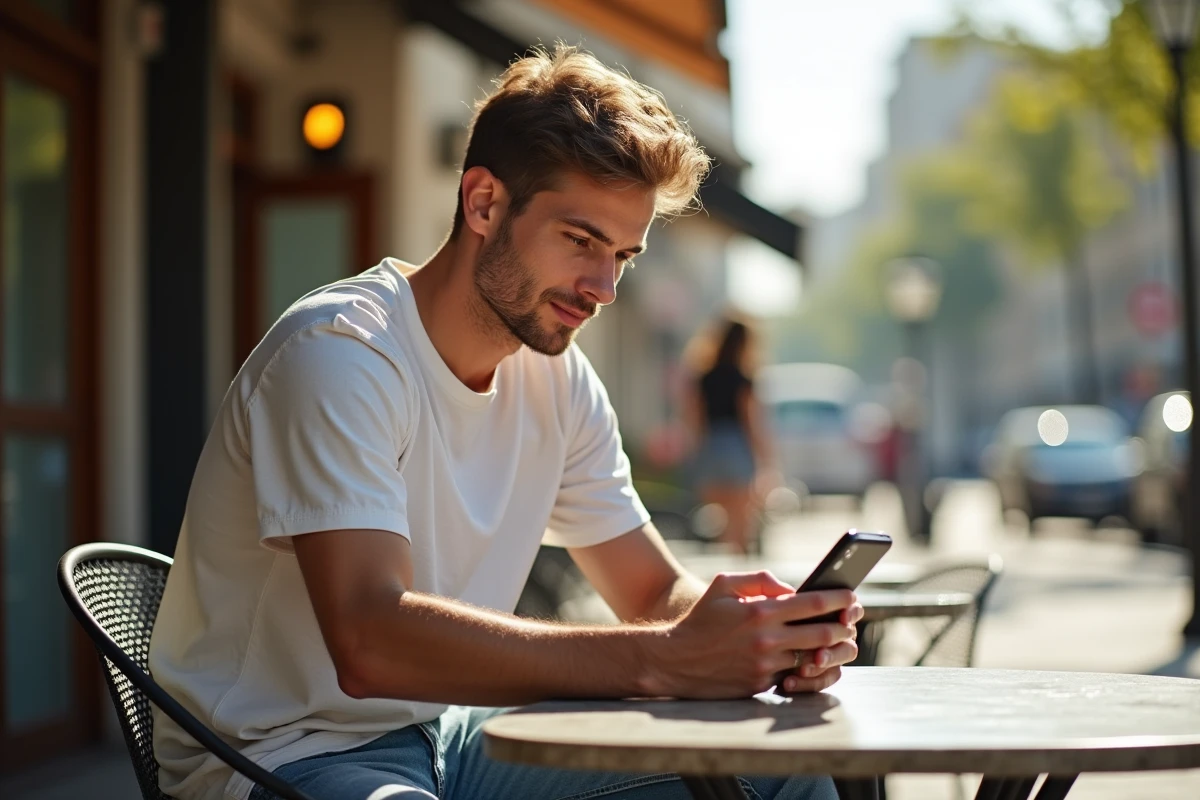 Jeune homme utilisant son smartphone au café en plein air