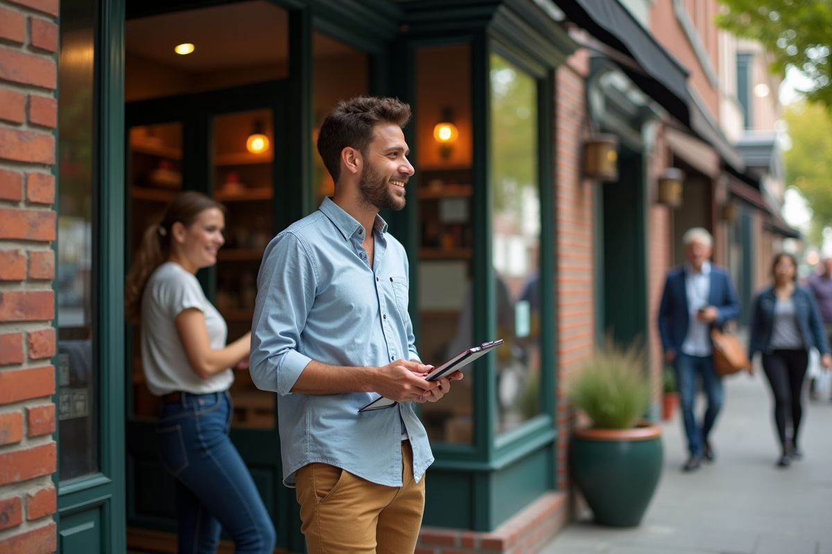 Jeune homme devant un café en discutant avec un employé