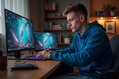 Jeune homme concentré sur un jeu vidéo fantasy sur son ordinateur
