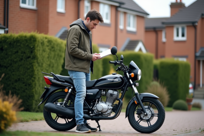 Jeune homme avec moto Dax 50cc en extérieur