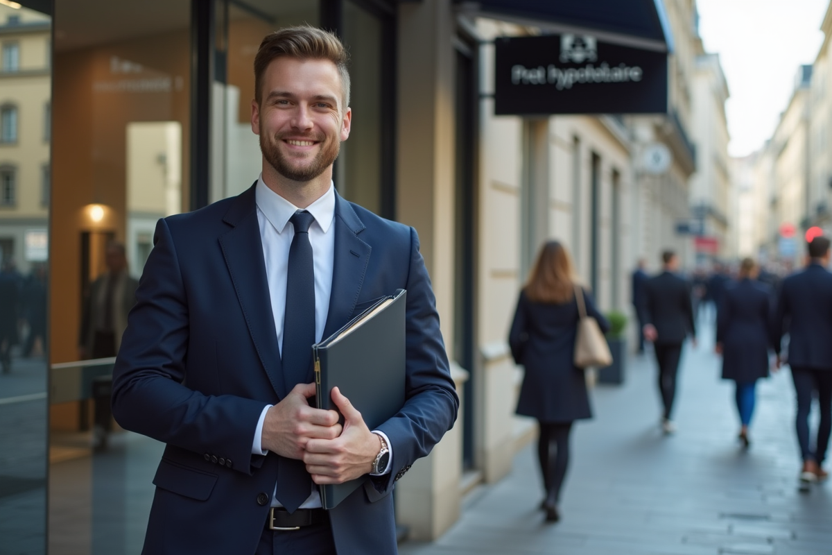 Jeune homme d affaires devant une banque parisienne