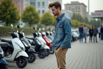 Jeune homme inspectant des scooters 50cc en concession