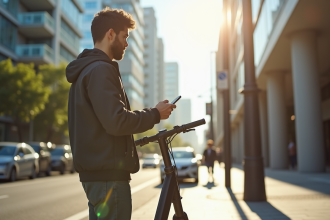 Jeune professionnel déverrouillant un scooter électrique en ville