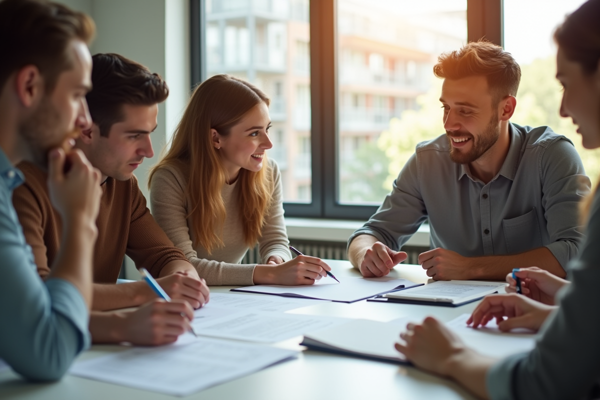 Groupe de jeunes étudiants étudiant des documents immobiliers dans une salle lumineuse