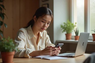 Jeune femme analysant les réseaux sociaux sur son smartphone dans un bureau moderne et lumineux