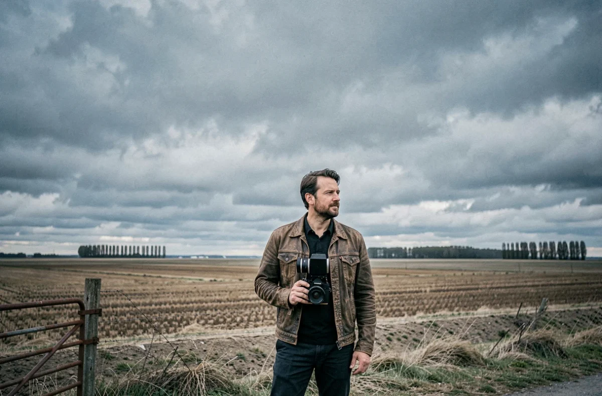 Jordan Beal, photographe d'auteur originaire du Nord, contemplant le paysage plat et venteux des plaines nordistes