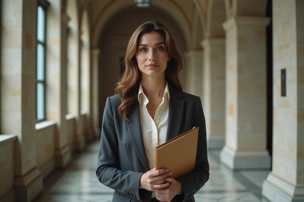 Femme juriste tenant des documents judiciaires dans un couloir de palais de justice