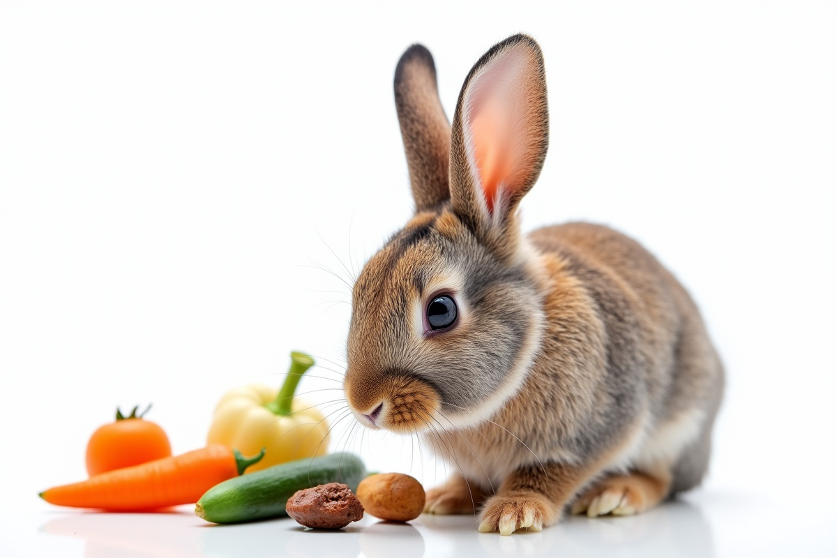 Lapin dwarf lop curieux sentant des aliments sur fond blanc