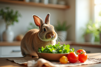 Lapin dwarf lop mangeant des légumes frais dans une cuisine lumineuse