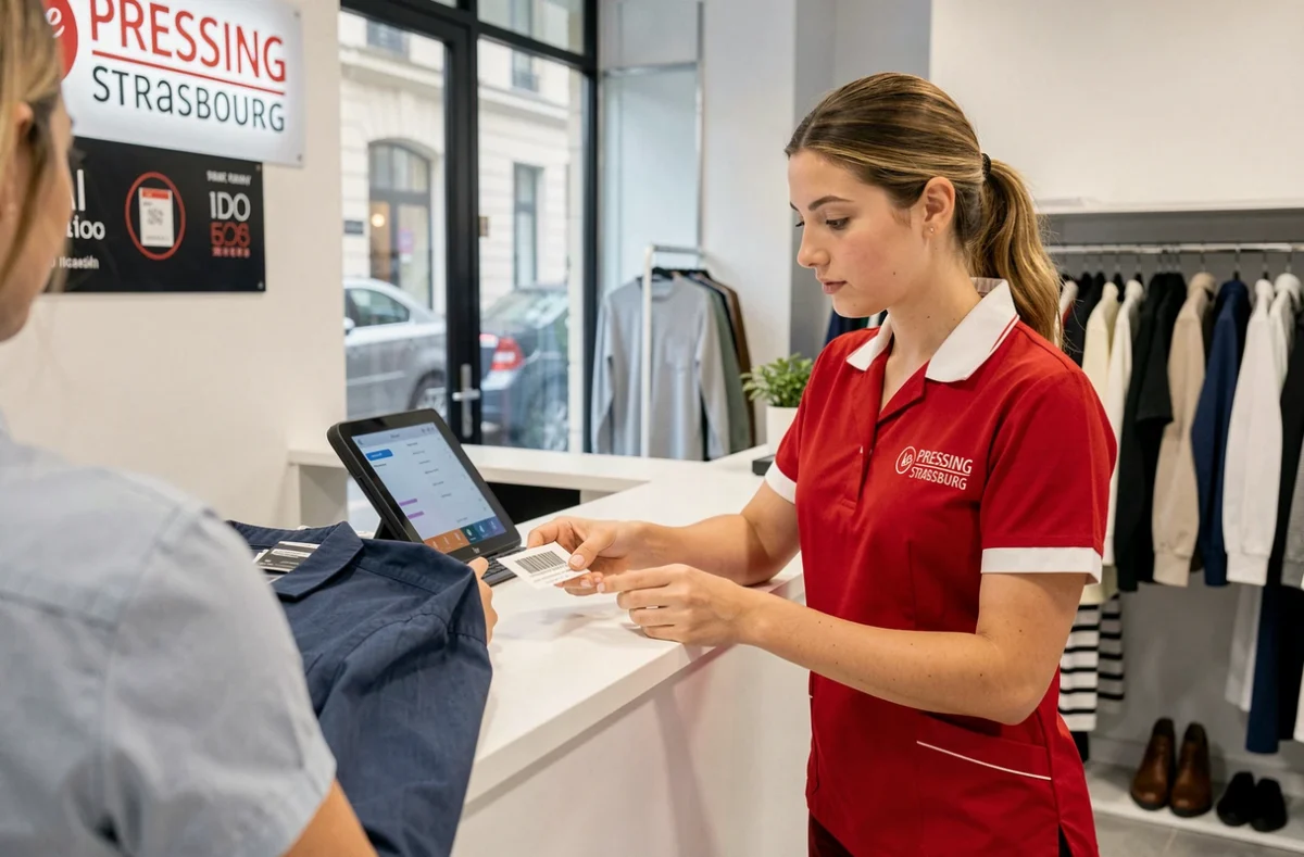 Réceptionniste du Pressing Strasbourg scannant un ticket de vêtement derrière le comptoir moderne de la boutique