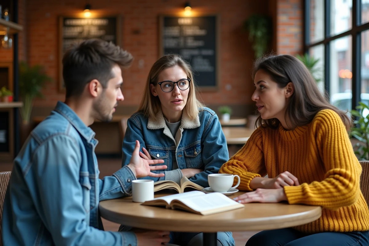 Groupe de lecteurs en désaccord autour d'un livre ouvert dans un café, discutant d'un retournement de situation raté