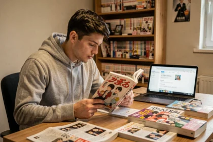 Jeune homme lisant un manga One Punch Man en version française à son bureau entouré de volumes de mangas